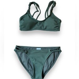 Nwot Boho Sporty Waffle Knit Olive Green Two Piece Bathing Suit Bikini scoop top